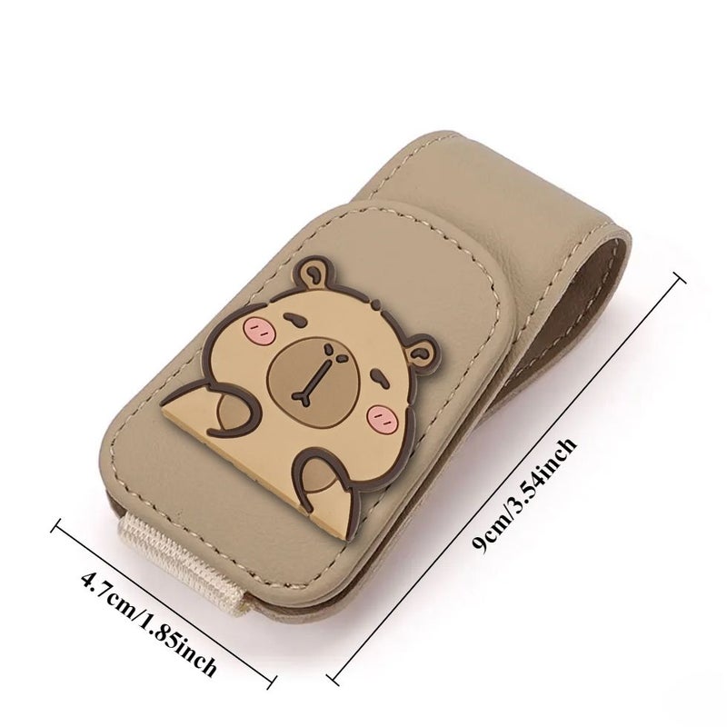 1pc Beige Large Clip Side Faced Capybara Car PU Leather Eyeglass Clip Cute Cartoon Design Car Fashion Glasses Holder Multi Functional Visor Card Clip - Image 2