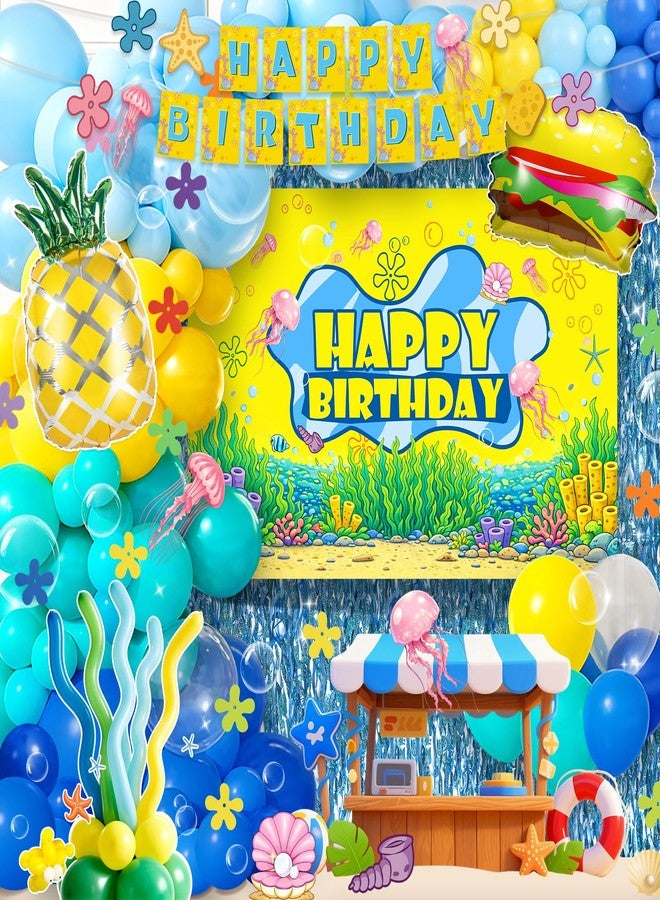 GAILROSO Sponge Birthday Decorations,Under the Sea Sponge Party Supplies with Hamburger Balloons,Balloon Arch Kit,Backdrop Bubble Garland and Foam Flower for Ocean Theme Party,Mermaid,Baby Shark - Image 1