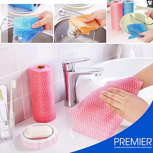 Premier Non-Woven Reusable Kitchen Towel Roll (50 Sheets) | 50 Pulls (Pack of 1) | Size - 25 x 30 cms | Multi-Purpose, Super Absorbent, Washable Cleaning Wipes - Image 4