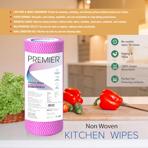 Premier Non-Woven Reusable Kitchen Towel Roll (50 Sheets) | 50 Pulls (Pack of 1) | Size - 25 x 30 cms | Multi-Purpose, Super Absorbent, Washable Cleaning Wipes - Image 2
