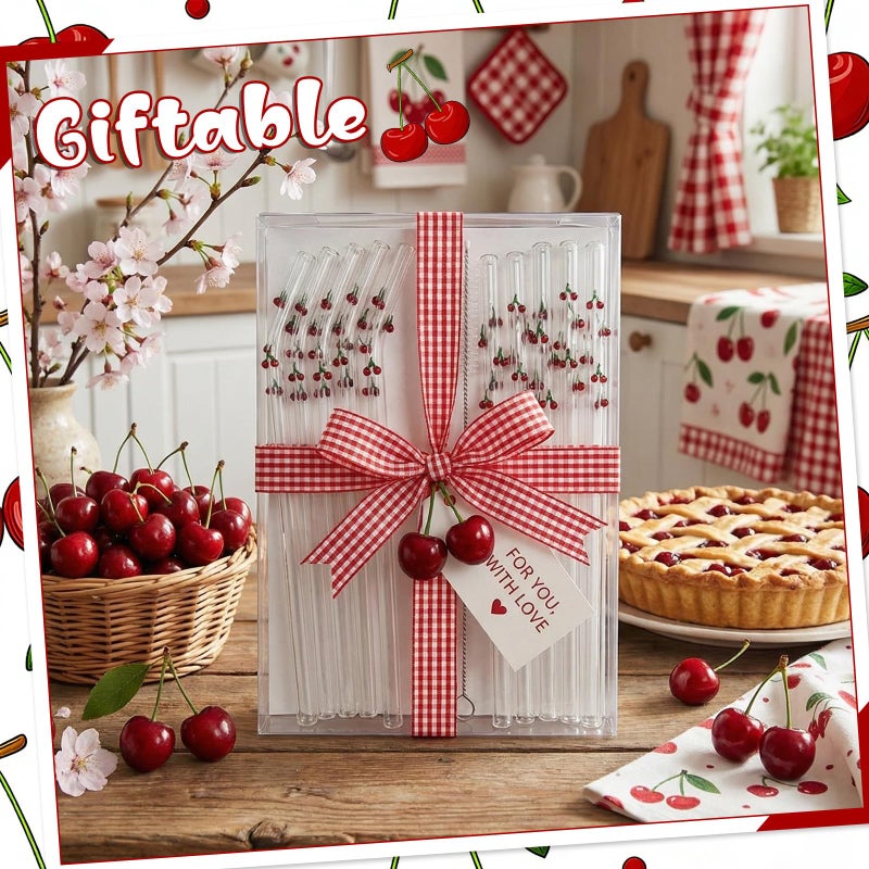 Yoande 10 Pcs Cherry Icon Glass Straws with Charms Cute Reusable Straws Glass with Brush Cherry Shaped Clear Drinking Sucker Spring Party Decor Bachelorette Decor Bridal Engagement Drinkware - Image 5