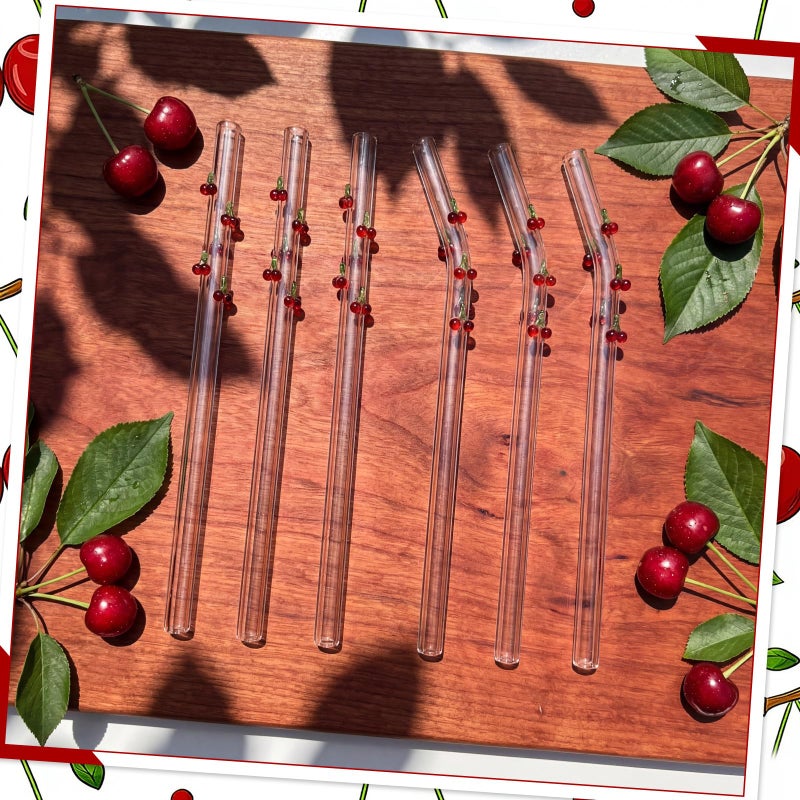 Yoande 10 Pcs Cherry Icon Glass Straws with Charms Cute Reusable Straws Glass with Brush Cherry Shaped Clear Drinking Sucker Spring Party Decor Bachelorette Decor Bridal Engagement Drinkware - Image 2