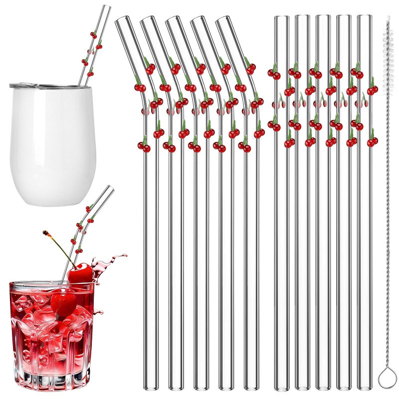 Yoande 10 Pcs Cherry Icon Glass Straws with Charms Cute Reusable Straws Glass with Brush Cherry Shaped Clear Drinking Sucker Spring Party Decor Bachelorette Decor Bridal Engagement Drinkware - Image 1