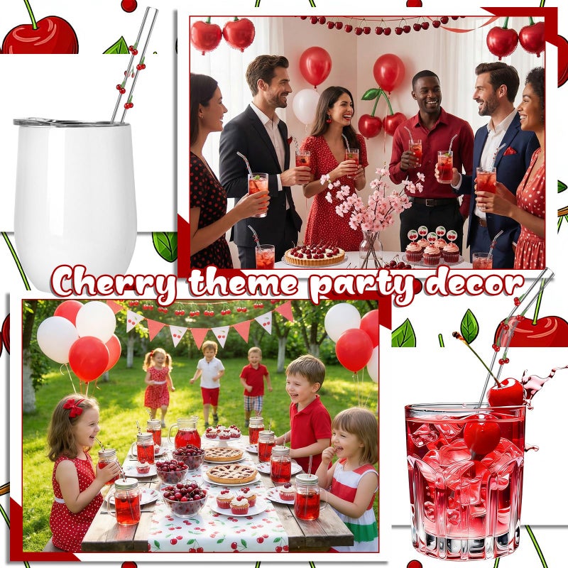Yoande 10 Pcs Cherry Icon Glass Straws with Charms Cute Reusable Straws Glass with Brush Cherry Shaped Clear Drinking Sucker Spring Party Decor Bachelorette Decor Bridal Engagement Drinkware - Image 4
