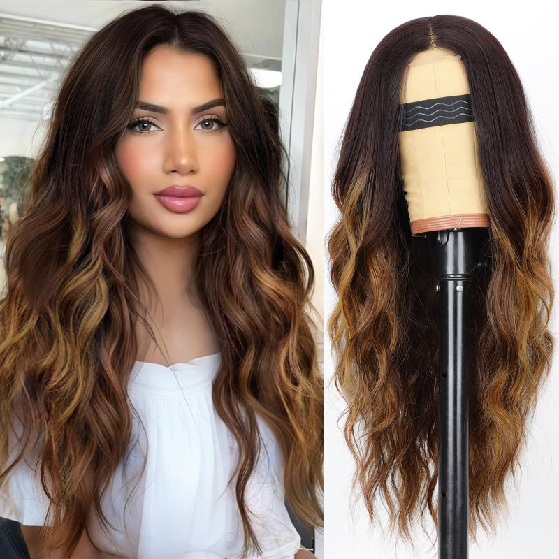 AISI HAIR Long Wavy Brown with Blonde Highlight Lace Hairline Wigs for Women, Middle Part Synthetic Heat Resistant Wig for Daily Party-26 Inch - Image 1