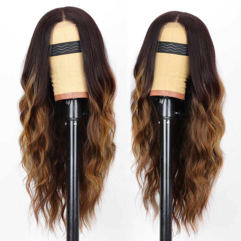 AISI HAIR Long Wavy Brown with Blonde Highlight Lace Hairline Wigs for Women, Middle Part Synthetic Heat Resistant Wig for Daily Party-26 Inch - Image 2
