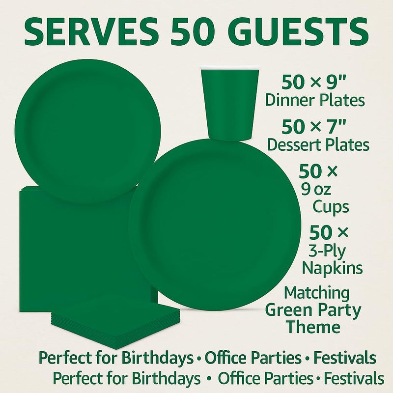 Oojami حزمة حفلة كاملة لخدمة 50 شخص - أطباق ورقية عشاء 9 بوصة، أطباق ورقية حلوى 7 بوصة، أكواب 9 أونصات، مناديل 3 طبقات لحفلات المكتب، حفلات عيد الميلاد، المهرجانات، موضوع حفلة خضراء - Image 2