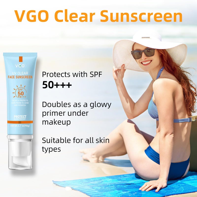 VGO Clear Face Sunscreen SPF 50, Hydrating Sun Essence Leaves No Sticky Feeling Travel Size Sunscreen Against UVA and UVB Rays 50ml / 1.7oz - Image 2