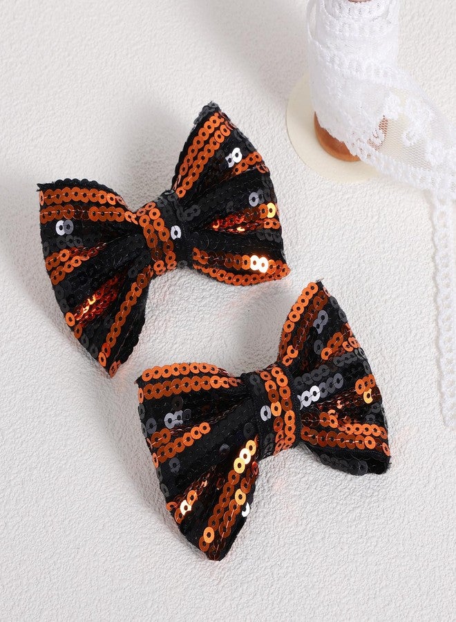 Miroksh 4" Halloween Glitter Orange Black Sequins Hair Bow Clips Alligator Hairpins for Toddler Teen Girls Kids Women Cosplay Party Costume Decoration Accessory Gift Set of 2 - Image 2