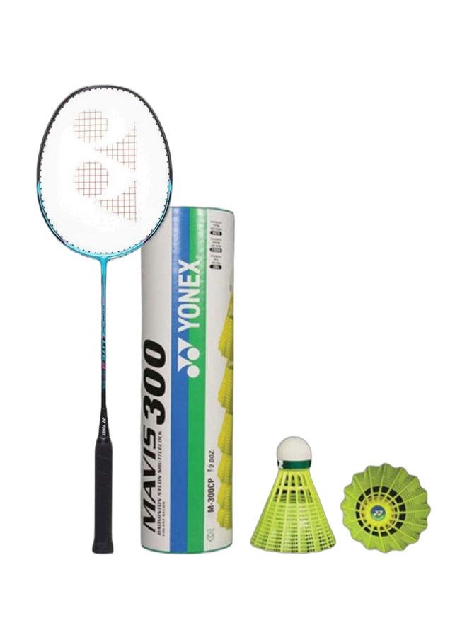 Yonex Isometric Lite 3 Cyan 3U G4 + Mavis 300 Green Cap Slow Badminton Shuttlecock 6 Pack, Yellow Pack  - Image 1