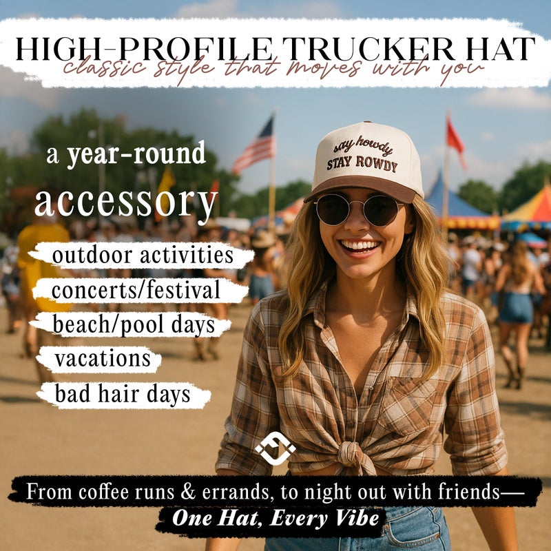 Funky Junque Say Howdy Stay Rowdy Funny Trucker Hat for Women, Embroidered Snapback Cap Adjustable - Say Howdy Stay Rowdy - Brown/Beige - Image 2