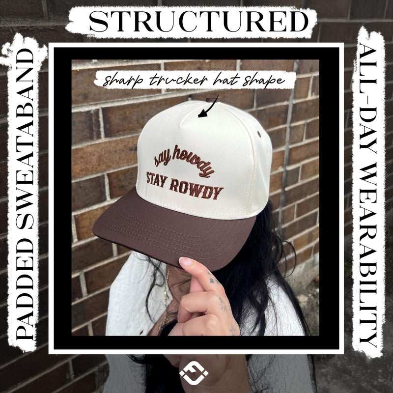 Funky Junque Say Howdy Stay Rowdy Funny Trucker Hat for Women, Embroidered Snapback Cap Adjustable - Say Howdy Stay Rowdy - Brown/Beige - Image 5