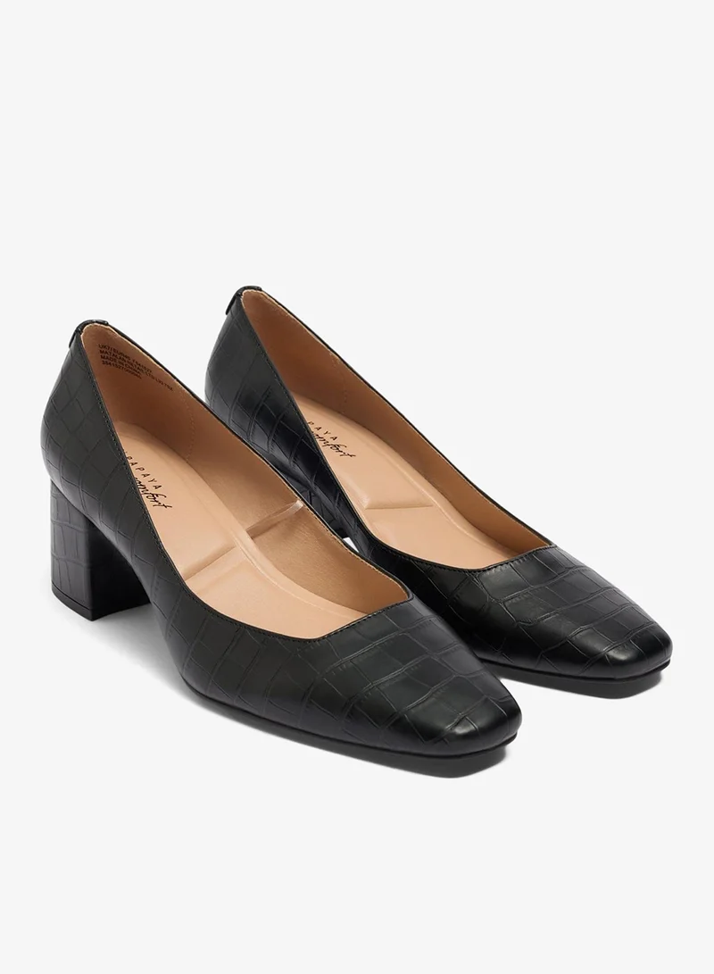 Matalan Black Croc Square Toe Court Block Heels