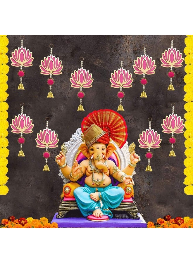 CREYENTES CREYENTES Plastic Pink Wall Decor Lotus With Ringing Bell For Decoration (Pack Of 10) Toran For Door, Wall Hangings Backdrop, Pooja Room,Diwali, Wedding, Festival Decor (Lotus Hanging Bell 10)  - Image 1