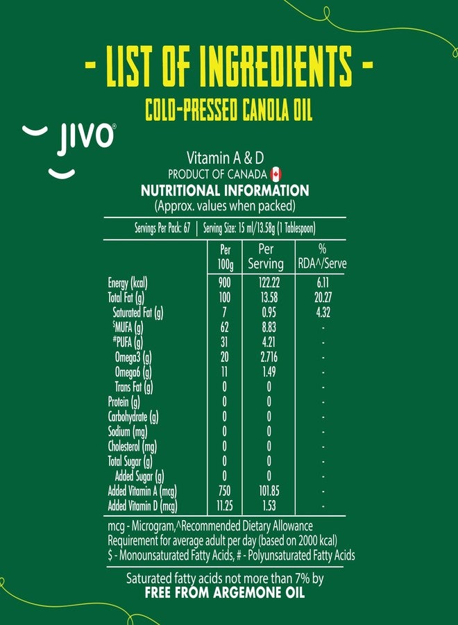 Jivo Cold Pressed Canola Oil 1 Litre | Natural Edible Cooking Oil | Ideal for Frying, Baking & Daily Use - Image 5