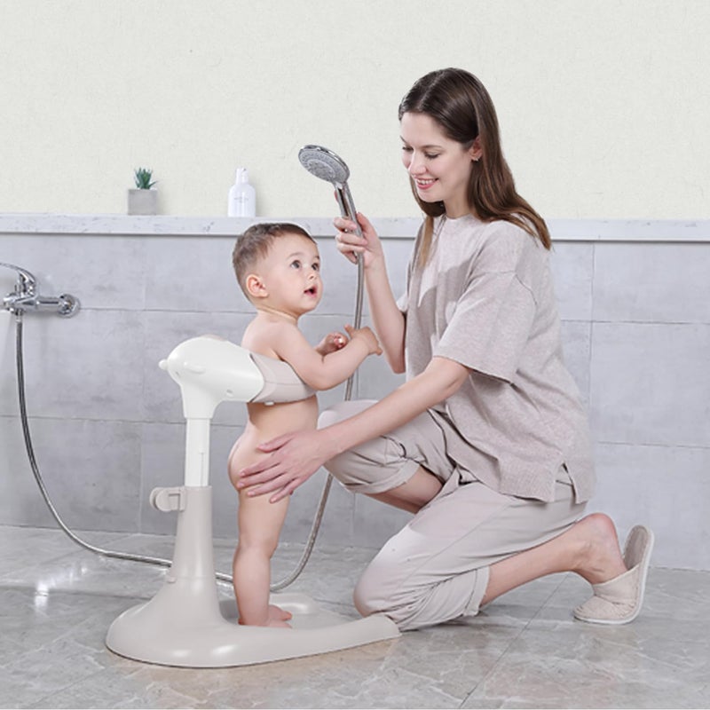 Doraloko Baby Hug Bath Tower for Standing Up Themselves, 6-18 Months Toddler Shower Stand Support, Bathing Seat Chair Handle, Free Mother Hands, Easy Setup, Safe Design, Adjustable Size(Off White-New Edition) - Image 1