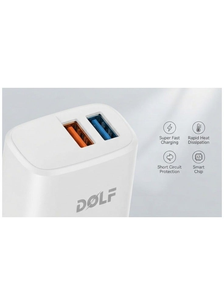 Dolfin Dual USB Port Fast Charger 3.1A Wall Adapter with UK Plug & Braided Cable – White - Image 2