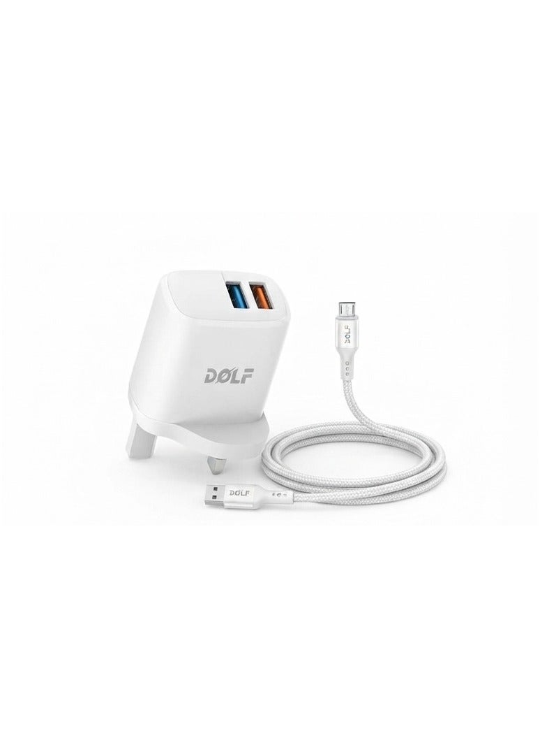 Dolfin Dual USB Port Fast Charger 3.1A Wall Adapter with UK Plug & Braided Cable – White - Image 1