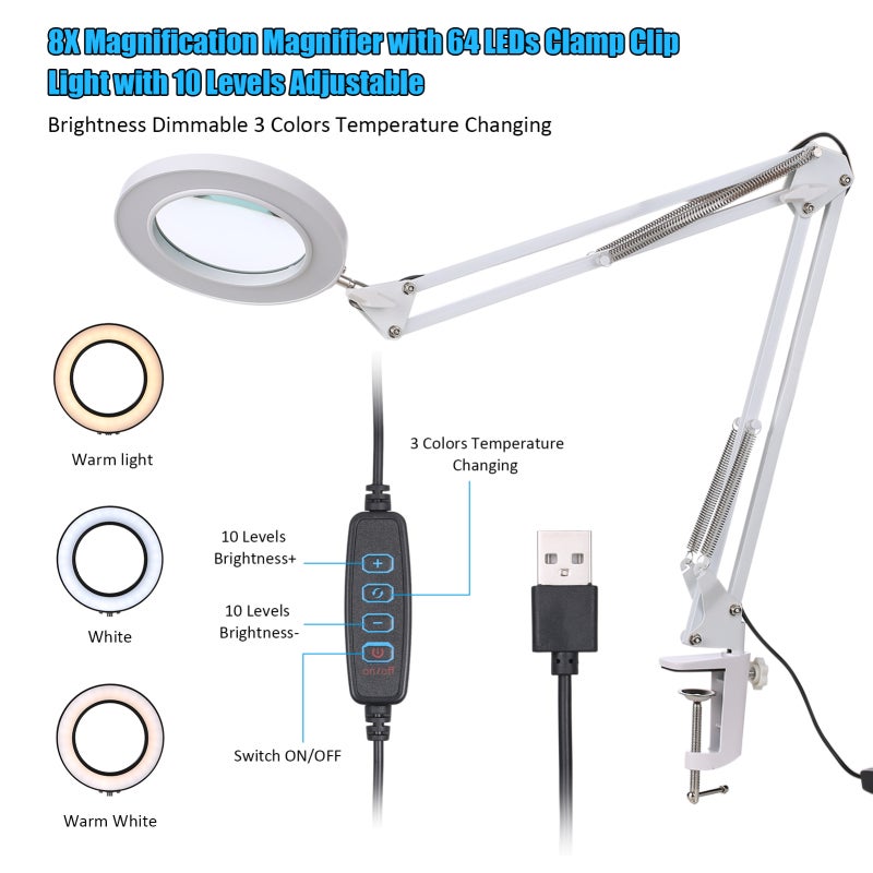 8X Magnifying Glass: 64 Flicker-Free Eye-Protective LEDs, USB Powered, 10-Level Dimmable 3 Color Temperatures - Adjustable Stretchable Tube, 2.1In Clip Width Magnifier Desk Lamp for Reading, Studying, - Image 2