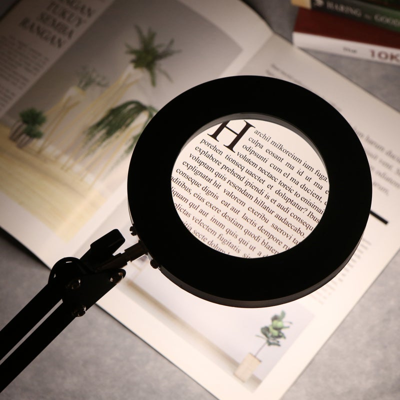 8X Magnifying Glass: 64 Flicker-Free Eye-Protective LEDs, USB Powered, 10-Level Dimmable 3 Color Temperatures - Adjustable Stretchable Tube, 2.1In Clip Width Magnifier Desk Lamp for Reading, Studying, - Image 5