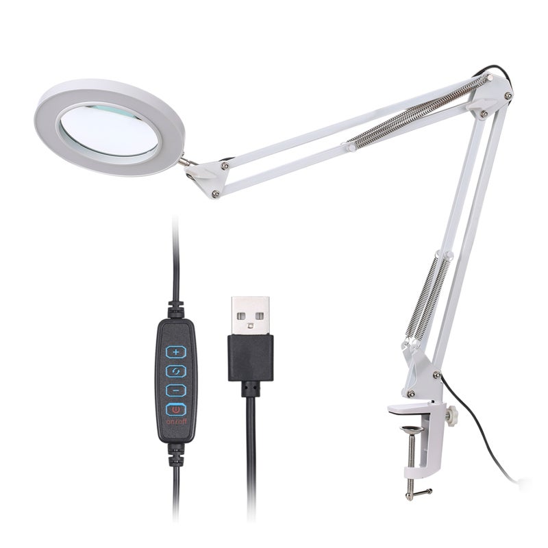 8X Magnifying Glass: 64 Flicker-Free Eye-Protective LEDs, USB Powered, 10-Level Dimmable 3 Color Temperatures - Adjustable Stretchable Tube, 2.1In Clip Width Magnifier Desk Lamp for Reading, Studying, - Image 1