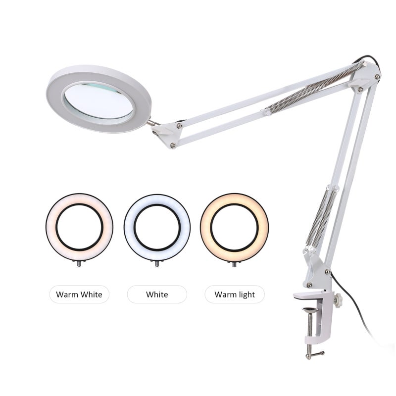 8X Magnifying Glass: 64 Flicker-Free Eye-Protective LEDs, USB Powered, 10-Level Dimmable 3 Color Temperatures - Adjustable Stretchable Tube, 2.1In Clip Width Magnifier Desk Lamp for Reading, Studying, - Image 4