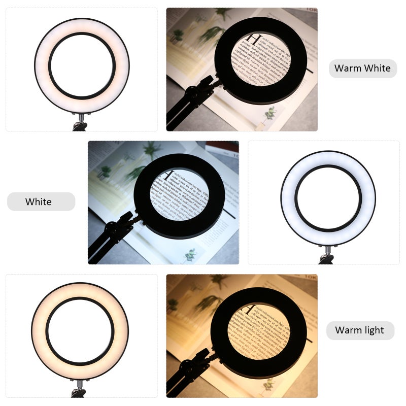 8X Magnifying Glass: 64 Flicker-Free Eye-Protective LEDs, USB Powered, 10-Level Dimmable 3 Color Temperatures - Adjustable Stretchable Tube, 2.1In Clip Width Magnifier Desk Lamp for Reading, Studying, - Image 3