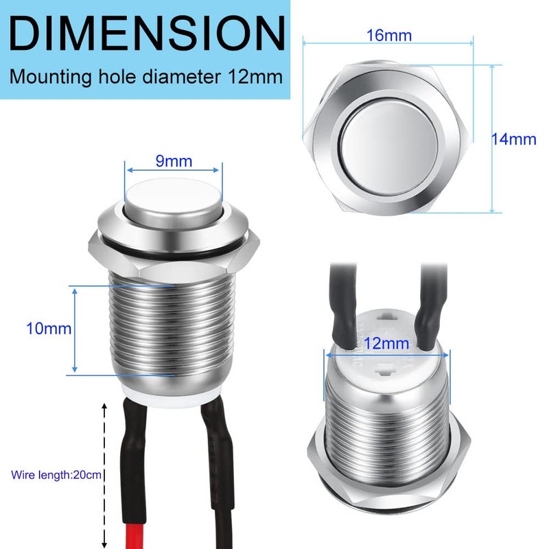 Gebildet 5pcs 12mm 2A 12V/24V/125V/250V AC Prewired Waterproof Push Button Momentary Stainless Steel Push Button On Off (High Head) - Image 3
