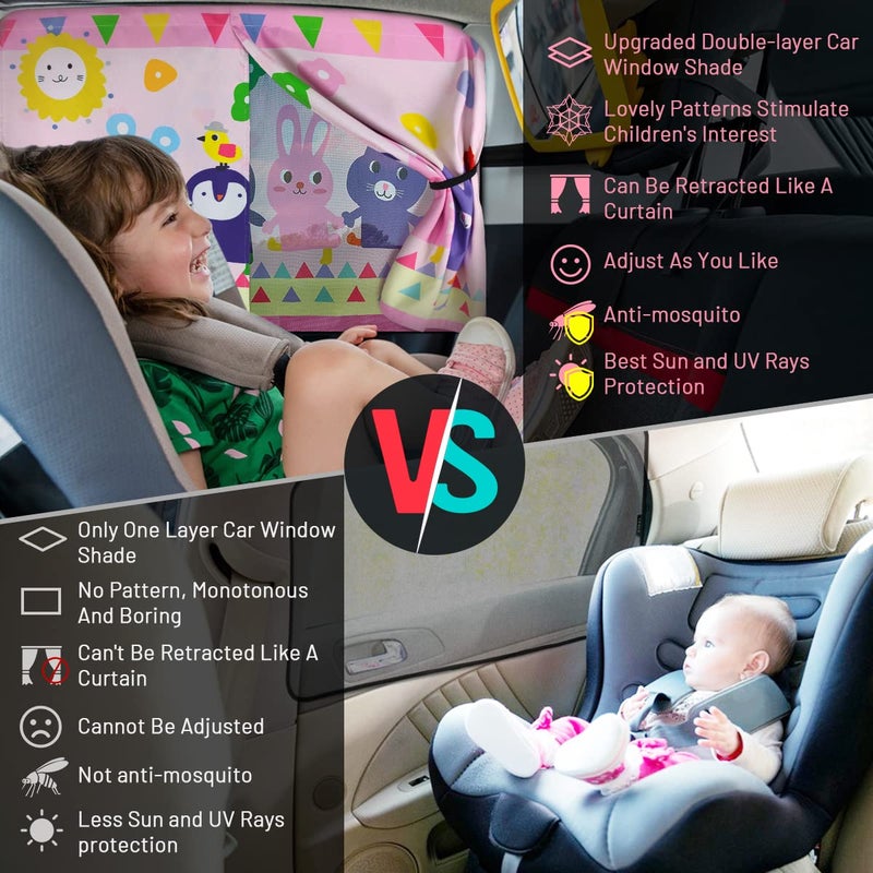 DIZA100 Car Window Shade for Baby, 2pcs Magnetic Auto Sun Shades for Side Windows Double Layer Full & Half Shade Options, Cute Patterns Car Window Curtains for Sun Glare Block - Image 4