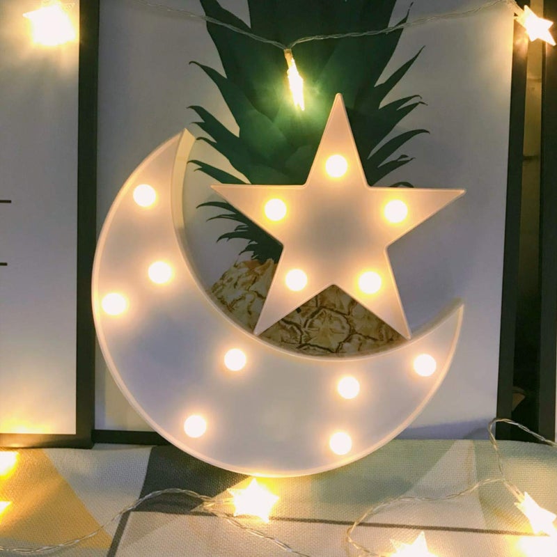QiaoFei Decorative Moon-Star Night Light,Cute LED Nursery Night Lamp Gift-Marquee Moon-Star Sign for Birthday Party,Baby Shower,Kids Room, Living Room Decor(White) - Image 1