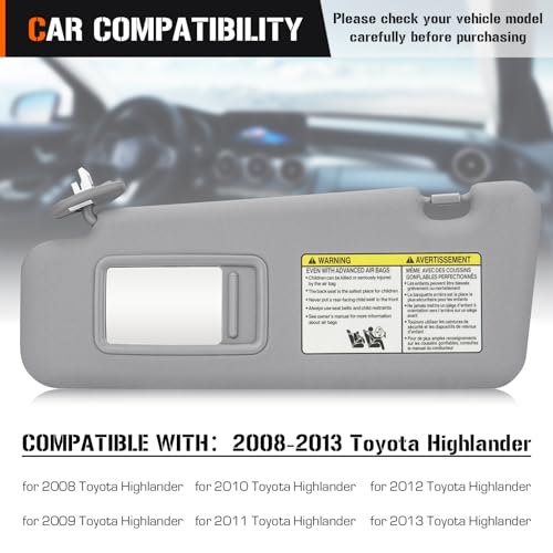 AEagle Sun Visor with Light for 2008-2013 Toyota Highlander, Left Driver Side Gray Sunvisor Replacement 74320-48500-B0 - Image 2