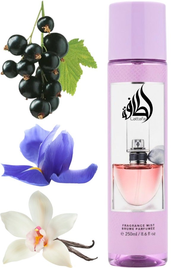 Lattafa Fine Fragrance Mist 236ml – Sweet Vanilla Fruity Patchouli Woody White Floral Powdery Iris Earthy Warm Spicy Body Mist – Long-Lasting Scent with Fast-Absorbing Aloe-Infused Nourishing Formula for Soft, Smooth & Hydrated Skin
