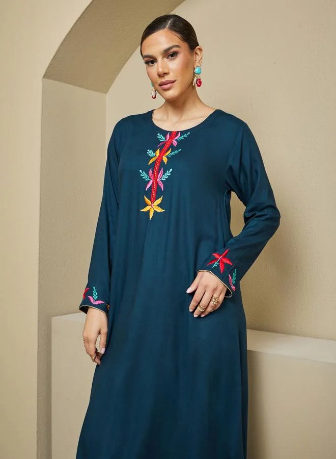 Styli Embroidered Round Neck A-Line Jalabiya