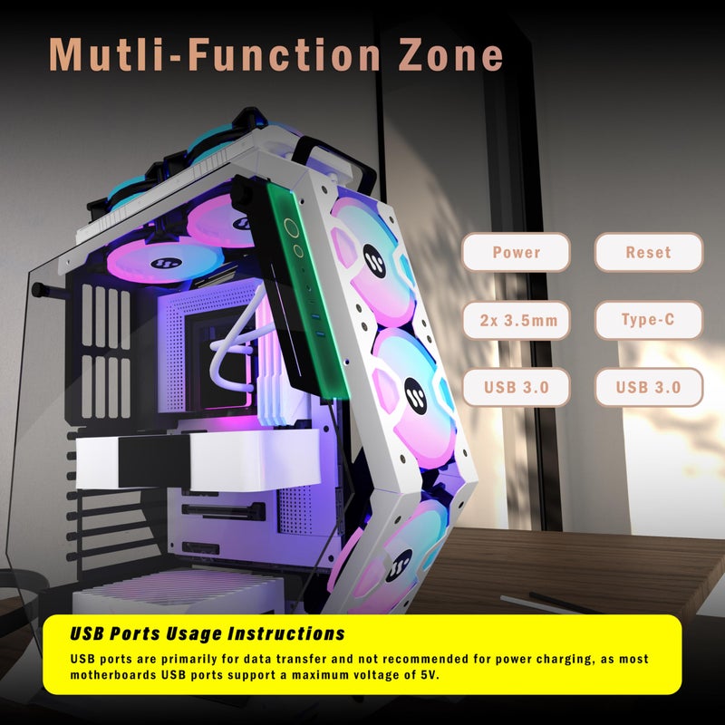 KEDIERS PC Case C570 ATX Mid Tower Tempered Glass Gaming Computer Open Frame Case with 5 PWM ARGB Fans (White C570) - Image 3