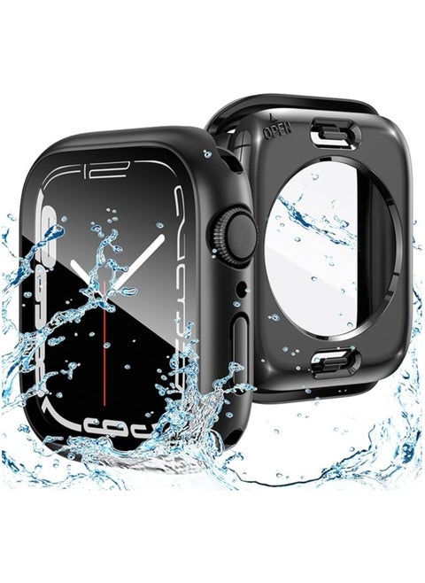 2 in 1 Waterproof Case for Apple Watch Series 9 8 7 Screen Protector 45mm, 360 Protective Glass Face Cover Hard PC Bumper + Back Frame for iWatch Accessories 45 mm, Black