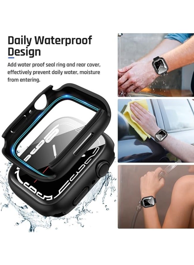 QIRG 2 in 1 Waterproof Case for Apple Watch Series 9 8 7 Screen Protector 45mm, 360 Protective Glass Face Cover Hard PC Bumper + Back Frame for iWatch Accessories 45 mm, Black - Image 2