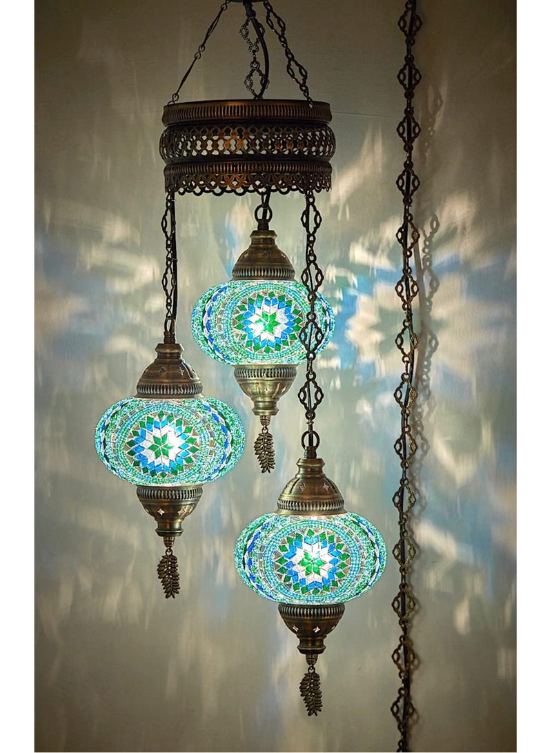 Quick Cart Turkish Mosaic Chandelier Sky Blue 3-Globe Ceiling Lamp Bohemian Hanging Pendant Light | Perfect for House warming, Birthday & Anniversery Gift | Perfect For Office & Hotel 