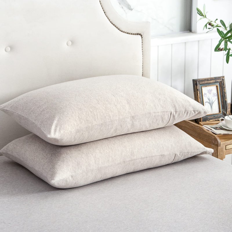PURE ERA PURE ERA Jersey Knit Pillowcases 100% T-Shirt Cotton Super Soft Comfy Breathable  Set of 2  Queen 20"" x 30""  Heathered Beige - Image 2