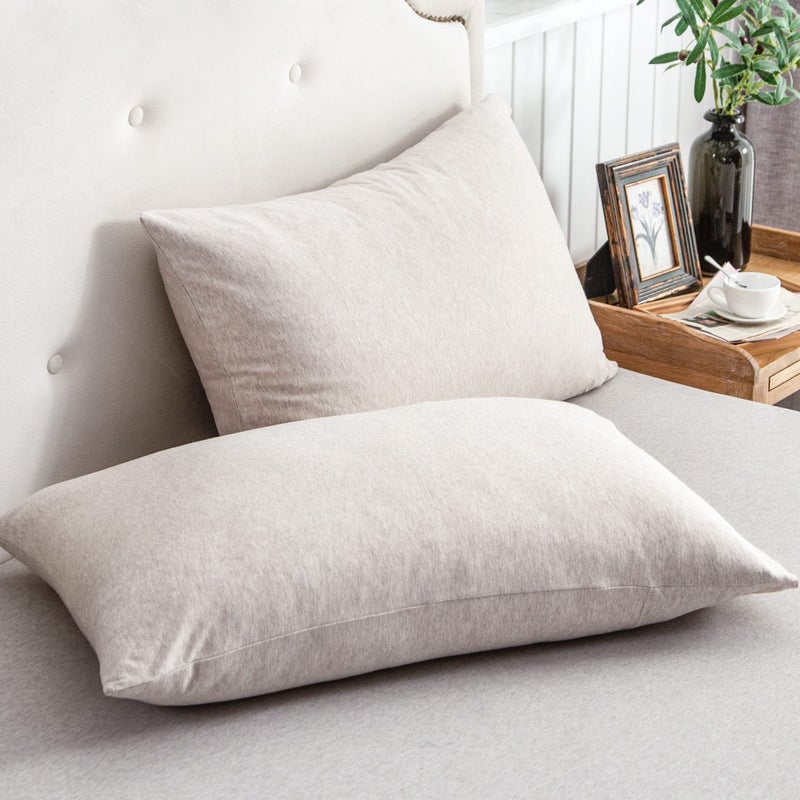 PURE ERA PURE ERA Jersey Knit Pillowcases 100% T-Shirt Cotton Super Soft Comfy Breathable  Set of 2  Queen 20"" x 30""  Heathered Beige - Image 1