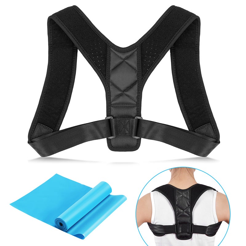 Posture Corrector with Exercise Resistance Band Breathable Adjustable Upper Back Brace for Clavicle Support Shoulder Back Pain Relief for Men and Women - Image 1