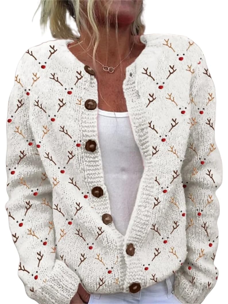 Beopjesk Women's Funny Fall Winter Long Sleeve Xmas Elk Button Knit Cardigan Sweater Vintage Christmas Knitted Outerwear(Elk-White,XXL) - Image 2