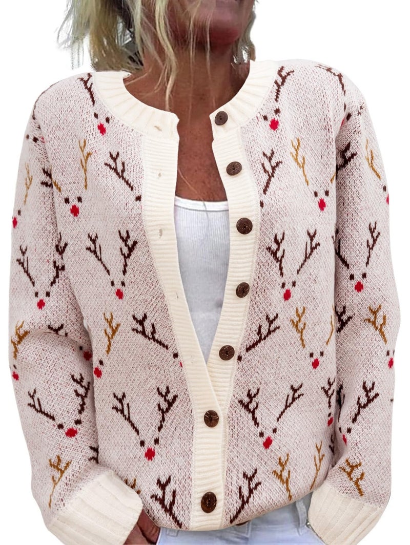 Beopjesk Women's Funny Fall Winter Long Sleeve Xmas Elk Button Knit Cardigan Sweater Vintage Christmas Knitted Outerwear(Elk-White,XXL) - Image 1