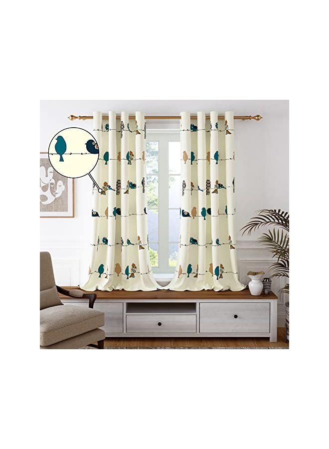 Green Tiger 152 Cm 100% Cotton Canvas Fabric Birds Pattern Light Filtering Grommet Window Curtain, White & Mustard, Pack Of 2 - Image 4