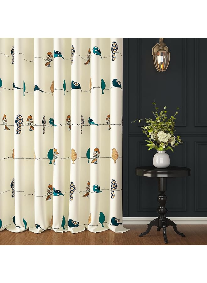 Green Tiger 152 Cm 100% Cotton Canvas Fabric Birds Pattern Light Filtering Grommet Window Curtain, White & Mustard, Pack Of 2 - Image 1
