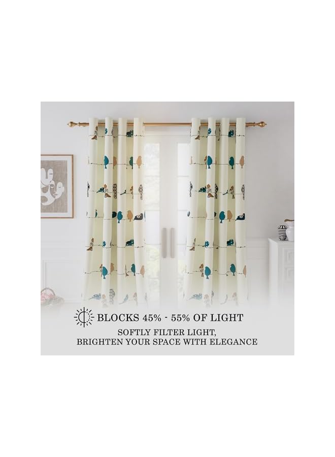 Green Tiger 152 Cm 100% Cotton Canvas Fabric Birds Pattern Light Filtering Grommet Window Curtain, White & Mustard, Pack Of 2 - Image 3