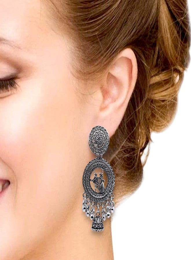 Elleva Oxidised Jhumka Earrings for Women Traditional | Fancy Radha Krishna Earrings for Girls Stylish Jhumkas Silver Fashion Jewellery set for Gift (Pack of 1) - Image 4