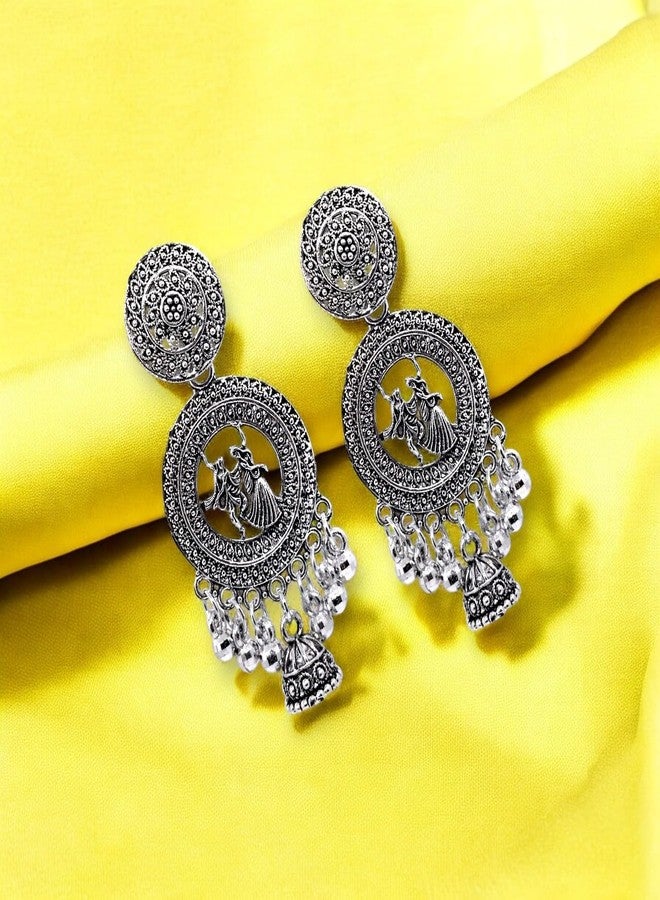 Elleva Oxidised Jhumka Earrings for Women Traditional | Fancy Radha Krishna Earrings for Girls Stylish Jhumkas Silver Fashion Jewellery set for Gift (Pack of 1) - Image 5