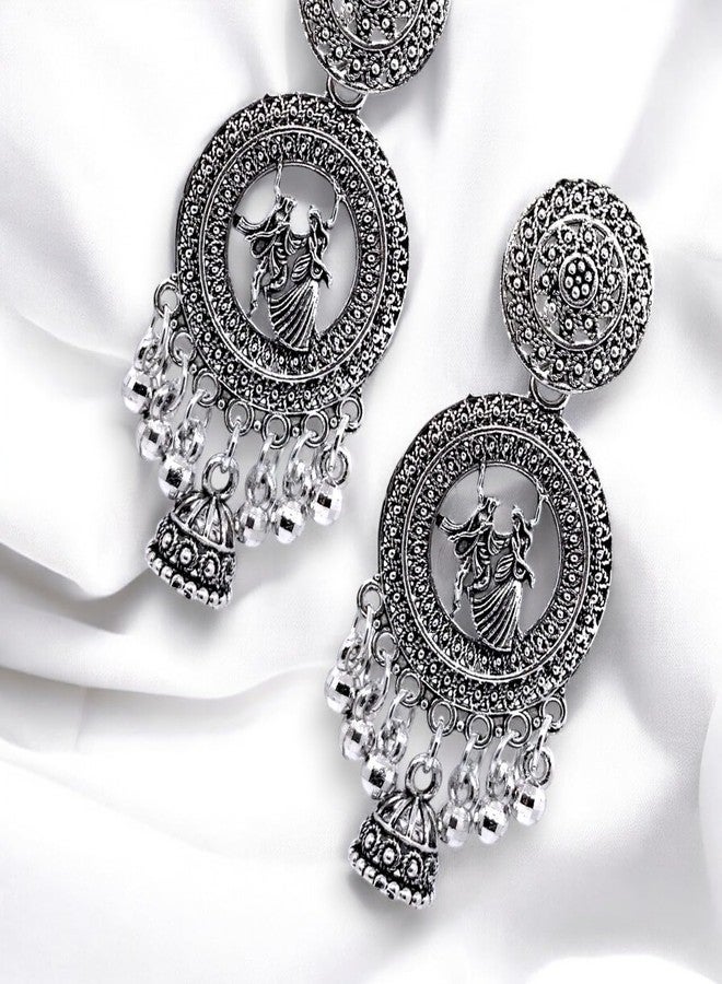 Elleva Oxidised Jhumka Earrings for Women Traditional | Fancy Radha Krishna Earrings for Girls Stylish Jhumkas Silver Fashion Jewellery set for Gift (Pack of 1) - Image 2