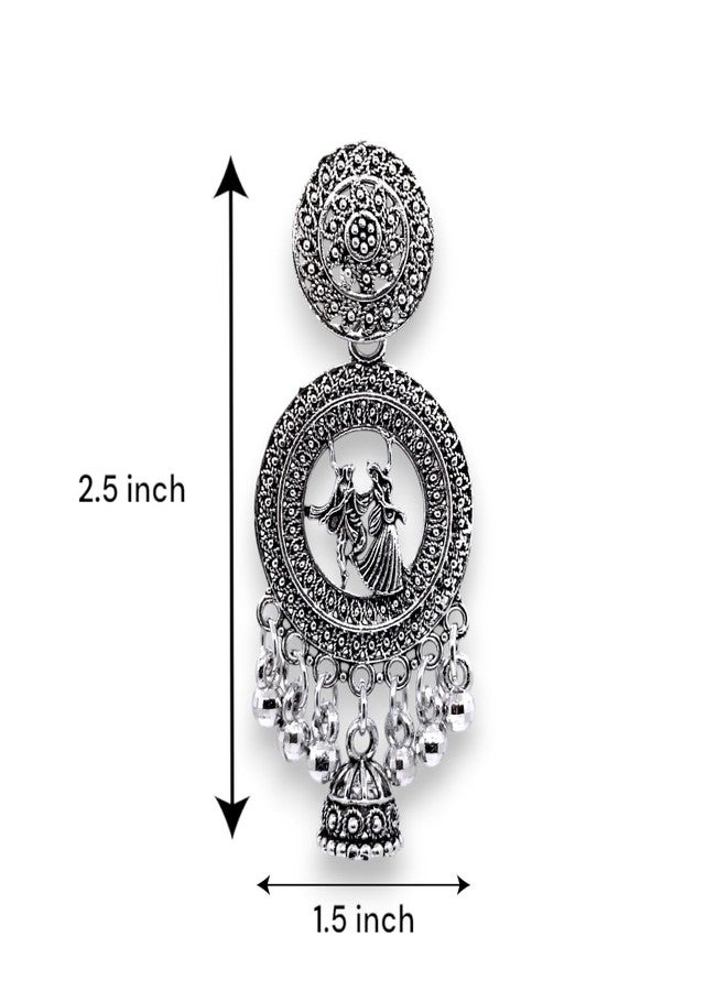 Elleva Oxidised Jhumka Earrings for Women Traditional | Fancy Radha Krishna Earrings for Girls Stylish Jhumkas Silver Fashion Jewellery set for Gift (Pack of 1) - Image 3