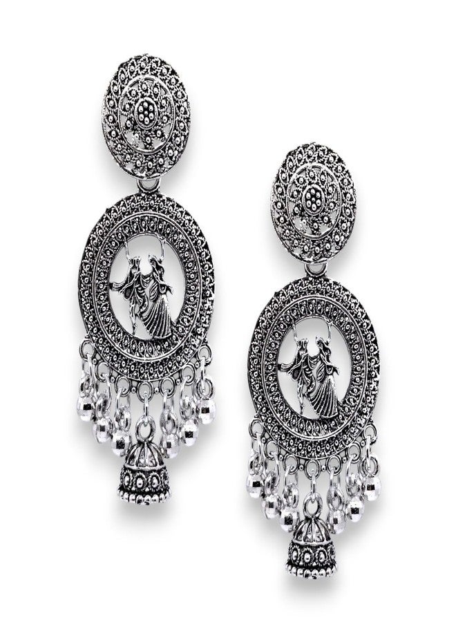 Elleva Oxidised Jhumka Earrings for Women Traditional | Fancy Radha Krishna Earrings for Girls Stylish Jhumkas Silver Fashion Jewellery set for Gift (Pack of 1) - Image 1